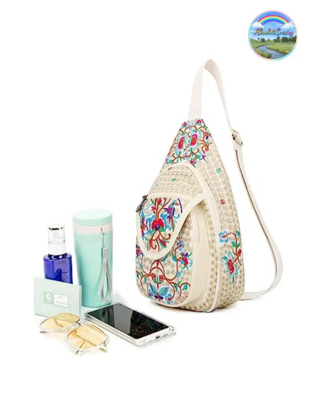 Vintage Floral Embroidered Canvas Sling Backpack Crossbody Purse